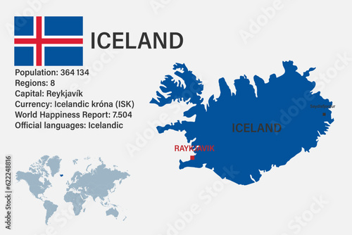 Highly detailed Iceland map with flag, capital and small map of the world