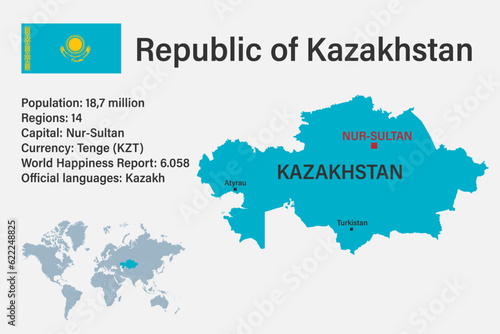 Highly detailed Kazakhstan map with flag  capital and small map of the world