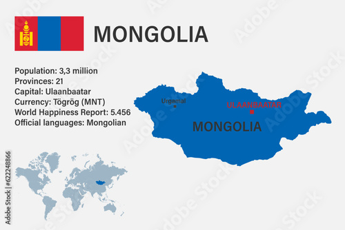 Highly detailed Mongolia map with flag  capital and small map of the world