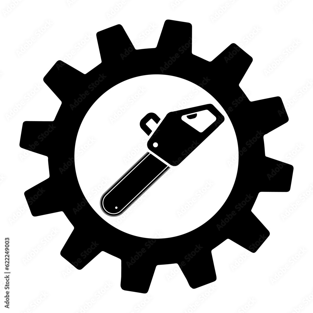 Illustration of chainsaw in gear silhouette, concept of work tools Illustration of chainsaw in gear silhouette, concept of work tools
