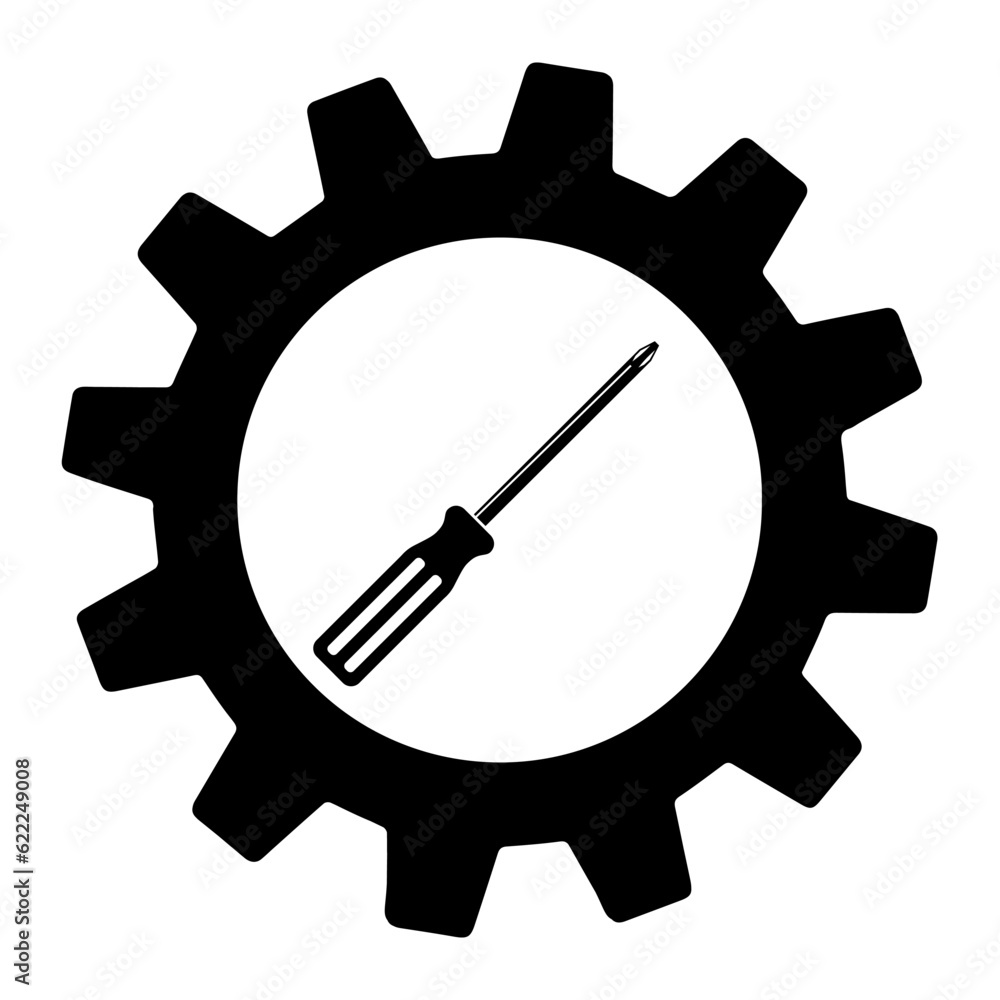 Illustration of crosshead screwdriver in gear. Icon for apps and websites on isolated on white Illustration of crosshead screwdriver in gear. Icon for apps and websites on isolated on white