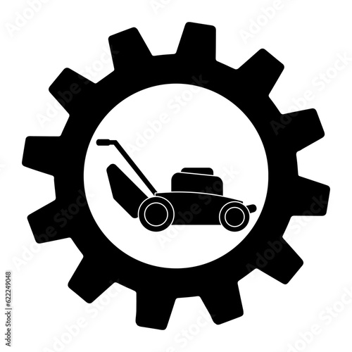 Lawn mower machine icon technology equipment tool in gear, gardening grass cutter