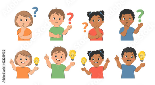 Different children ponder the question and find a solution. Kids with an idea, with lightbulb. Knowledge, creative thinking and education concept. Vector illustration
