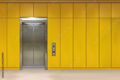 Chrome metal office building elevator doors. Open and closed variant. Realistic vector illustration yellow wall panels office building elevator.