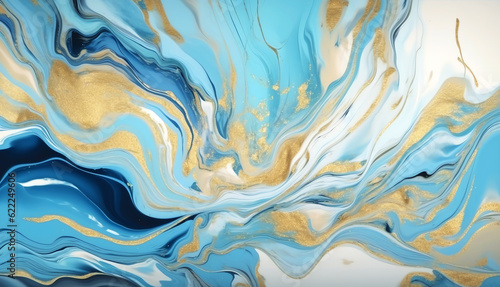 Abstract art liquid marble painting alcohol ink blue and gold wave pattern background  for design and wallpaper