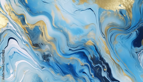 Abstract art liquid marble painting alcohol ink blue and gold wave pattern background  for design and wallpaper