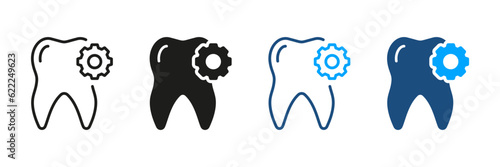 Tooth with Gear, Medical Extraction Pictogram. Dental Repair Silhouette and Line Icon Set. Orthodontic Oral Medicine. Dental Treatment, Dentistry Symbol Collection. Isolated Vector Illustration