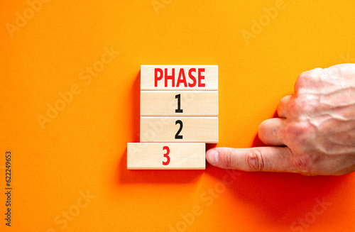 Time to phase 3 symbol. Concept word Phase 1 2 3 on wooden block. Businessman hand. Beautiful orange table orange background. Business planning and time to phase 3 concept. Copy space. photo