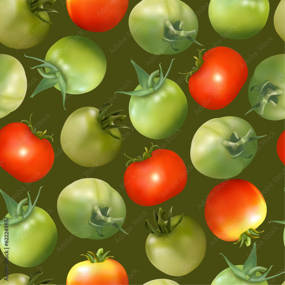 Seamless pattern of red and green tomatoes on a green background Seamless pattern of red and green tomatoes on a green background