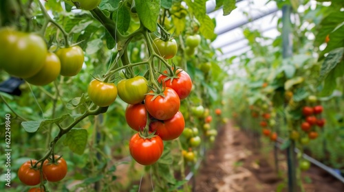 Ripe red organic tomato in greenhouse. Beautiful heirloom tomatoes