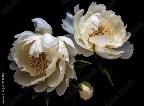 Fresh white peony flowers on dark table background. Condolence card. Empty place for emotional, sentimental text, quote or sayings. Closeup. Created with Generative AI technology.