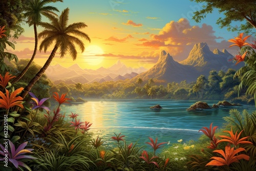 Sunny tropical palm and flower paradise view beach landscape.