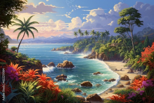 Sunny tropical palm and flower paradise view beach landscape. © ant