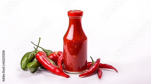 Hot sauce bottle with many green and red chili peppers isolated on white background photo