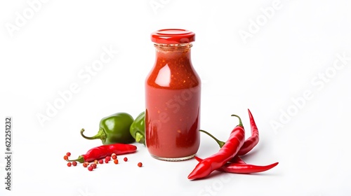 Hot sauce bottle with many green and red chili peppers isolated on white background photo