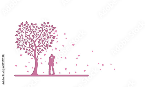 A silhouette of a couple standing under a tree on a white background. Illustration in pink tones for love festivals  weddings or Valentine s Day.