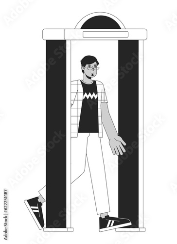 Security check airport bw vector spot illustration. Arab man passing metal detector machine 2D cartoon flat line monochromatic character for web UI design. Editable isolated outline hero image