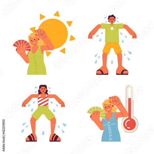 Excessive heat warning flat concept vector spot illustration set. People sweating under sun 2D cartoon characters on white for web UI design. Hot outside isolated editable creative hero image pack