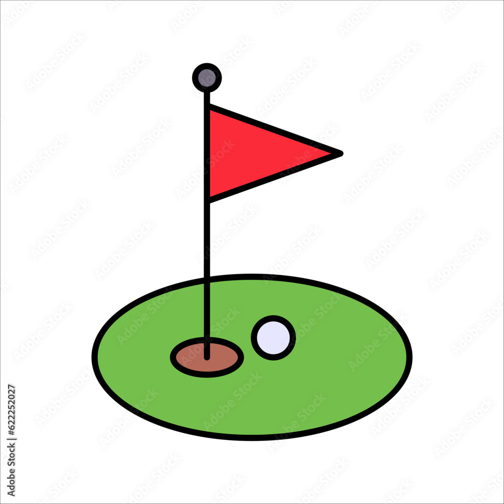 Golf course green with flag or flagstick and golf ball flat vector illustration on white background Golf course green with flag or flagstick and golf ball flat vector illustration on white background