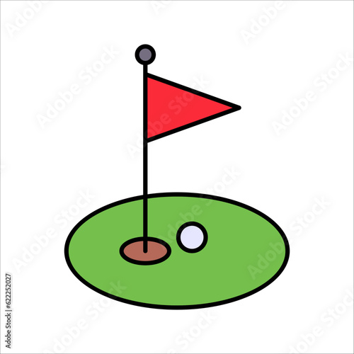 Golf course green with flag or flagstick and golf ball flat vector illustration on white background