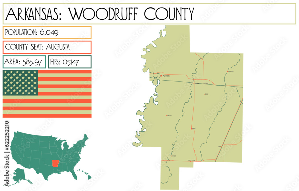 Large and detailed map of Woodruff County in Arkansas, USA.