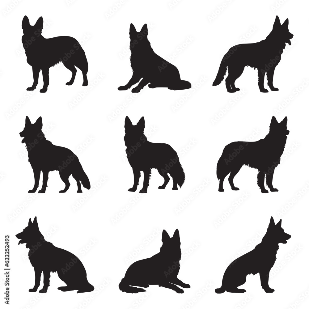 German Shepherd silhouette set - isolated vector images of wild animals