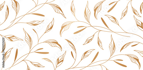 Fototapet Vector illustration golden Seamless pattern with hand drawn branches and leaves