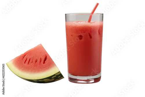 Glass of watermelon juice with a slice of watermelon. isolated object, transparent background