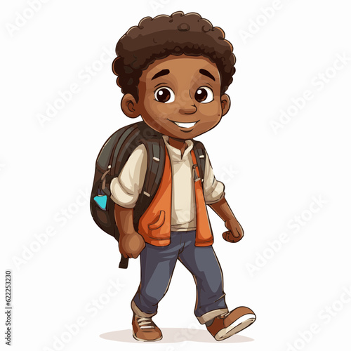 simple cartoon clipart black african american boy student child going to school white background