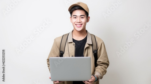 Asian young college student with laptop in hand on white background, Generative AI.