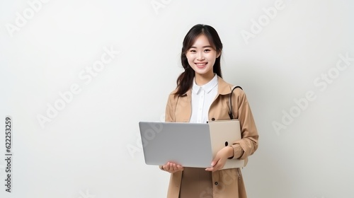 Asian young college student girl with laptop in hand on white background, Generative AI.