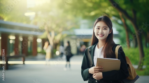 Asian young college student girl with schoolbag holding folders with confident nice smiling in university, Generative AI.