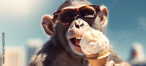 Funny monkey with sunglasses licking an ice cream - sumemr vacation concept photo