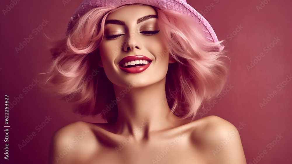 Portrait of a young girl in beret on a pink background Portrait of a young girl in beret on a pink background