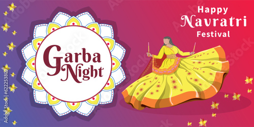 An illustration dedicated to the Navratri festival with a beautiful background.  The girl is dancing the garba dance.  Garba night.