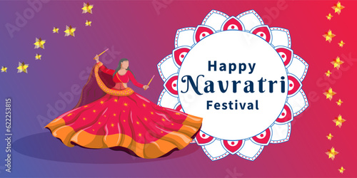 An illustration dedicated to the Navratri festival, with a bright colored background. Girls dance folk dances. Happy Navratri