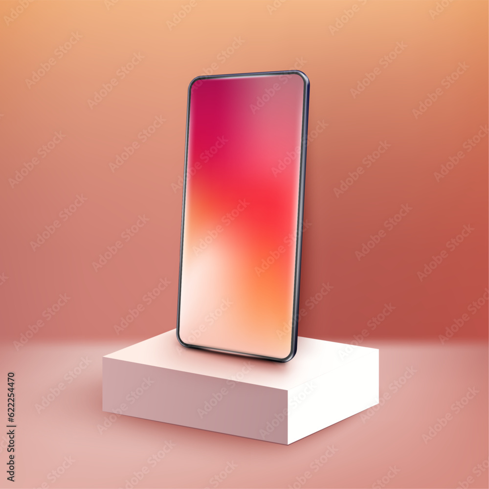 Realistic smartphone on square podium. 3d mobile phone with gradient screen mockup. Modern cell phone template Realistic smartphone on square podium. 3d mobile phone with gradient screen mockup. Modern cell phone template