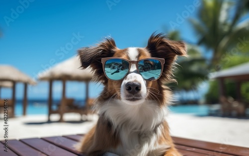 A cool dog wearing sunglasses on a wooden table. AI © Umar