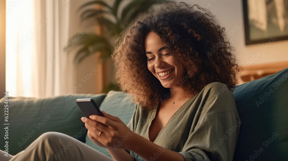 Happy pretty woman using mobile phone at home , Smiling young woman using online app on smartphone , shopping on Internet, making video call , Created with generative AI Happy pretty woman using mobile phone at home , Smiling young woman using online app on smartphone , shopping on Internet, making video call , Created with generative AI