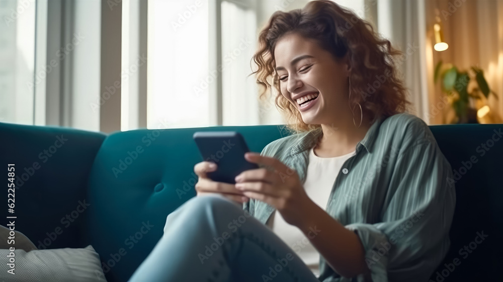 Happy pretty woman using mobile phone at home , Smiling young woman using online app on smartphone , shopping on Internet, making video call , Created with generative AI Happy pretty woman using mobile phone at home , Smiling young woman using online app on smartphone , shopping on Internet, making video call , Created with generative AI