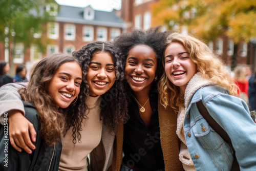 Students reunite at college for a new semester and are hugging each other out of joy