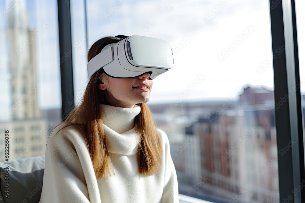 Active learning woman is wearing a virtual reality goggle, VR headset Future digital technology metaverse game and entertainment Active learning woman is wearing a virtual reality goggle, VR headset Future digital technology metaverse game and entertainment