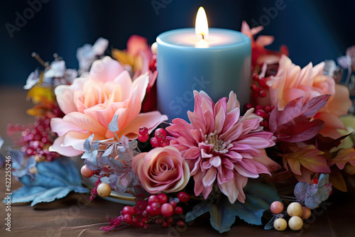 A pink and pastel blue candle  autumn composition
