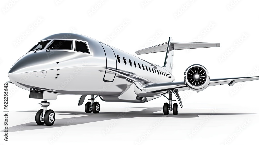 Silver private jet photo realistic illustration - Generative AI. Silver private jet photo realistic illustration - Generative AI.