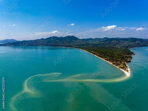 Aerial panorama drone shot of Lam Haed beach peninsula, Koh Yao Yai island, Phang nga, Thailand