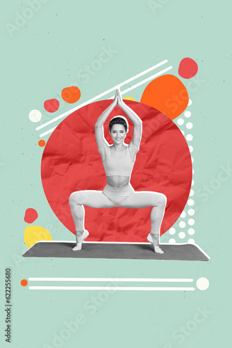Sketch template graphics collage image of sexy slim coach fitness trainer showing pilates yoa exercise isolated on painting background photo