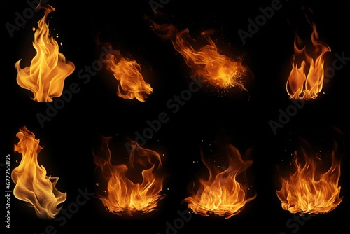 Collection of Fire Flames Isolated on Black Background. Generative ai