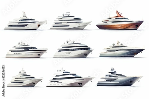 Collection of Luxury Mega Yacht Ships on White Background. Generative ai