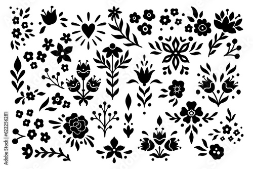 Monochrome Floral Symmetrical Silhouette Set. Abstract Botany Collection with Branches, Petal, Flower. Vector Illustration Isolated on white background. Linocut Folk Art Prints for Logo, Roses, Tulip.