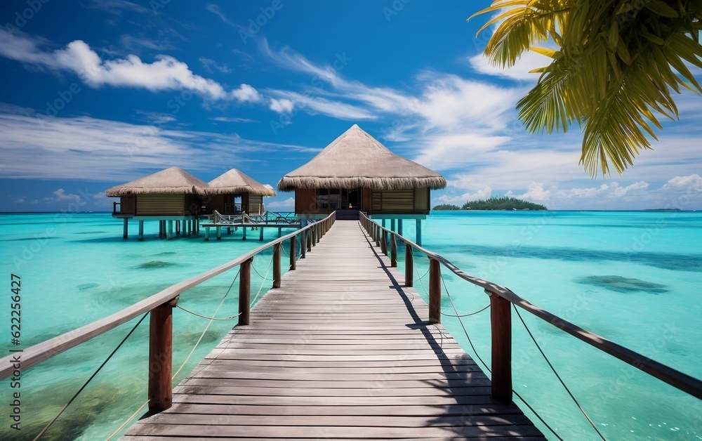 A scenic wooden dock leading to huts in the ocean. AI
